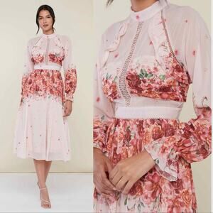 Rachel Parcell Floral Midi High Neck Dress Pink Coquette Feminine Sz 6